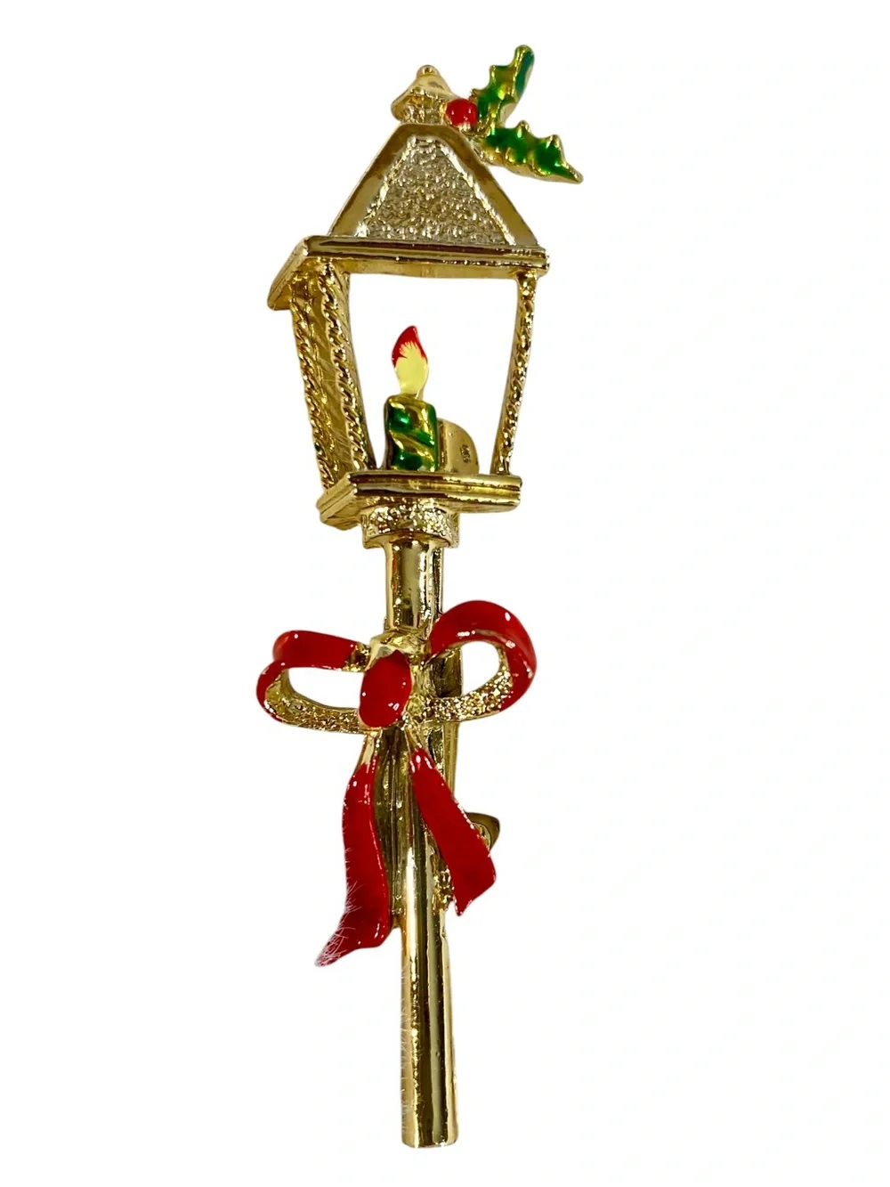 Gerrys Vintage Brooch Lamp Post Gold Tone Red Enamel Christmas Holiday Jewelry